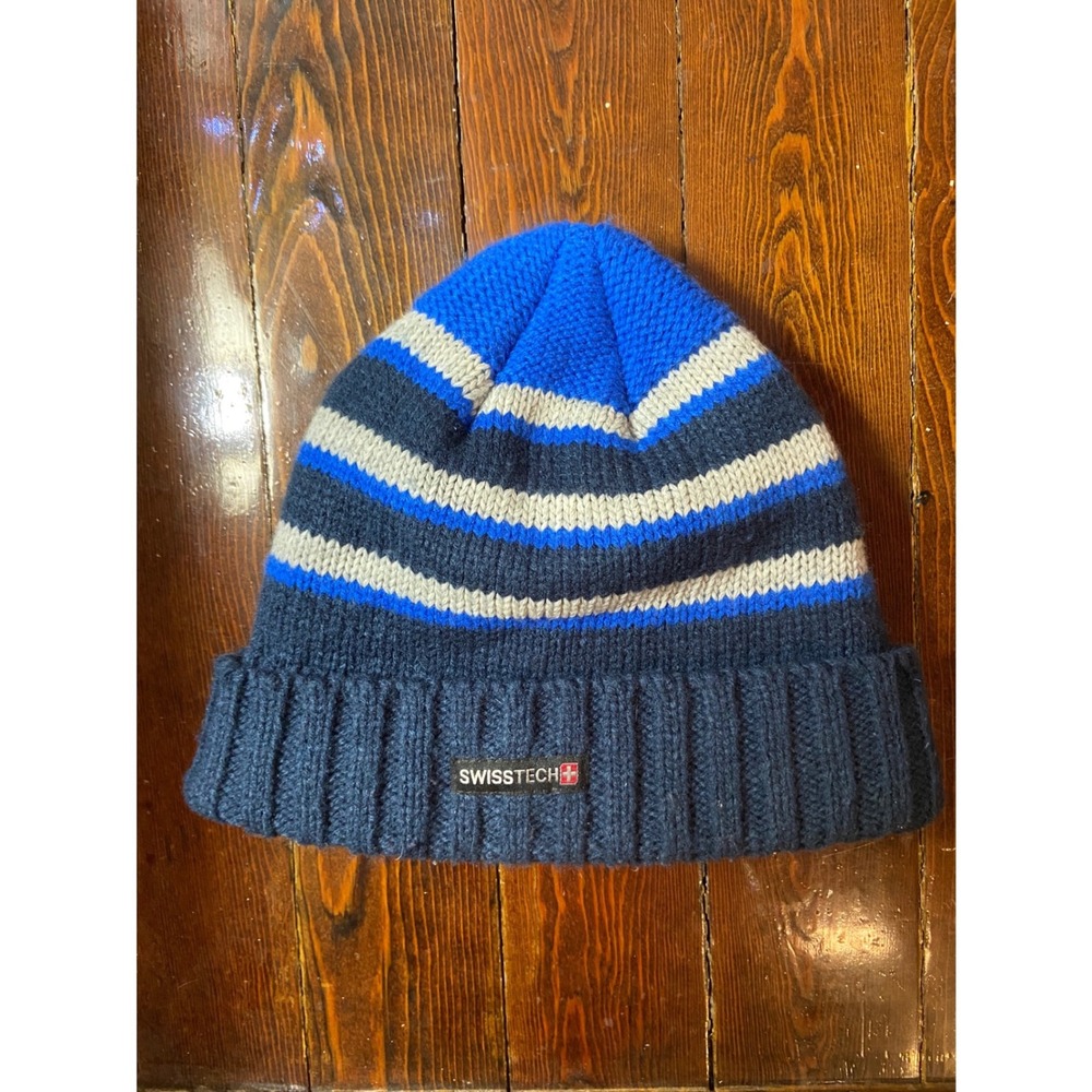 Swiss Tech Mens Ultra Blue Striped Fleece Lined Knit Beanie Hat Granola Gorp OS